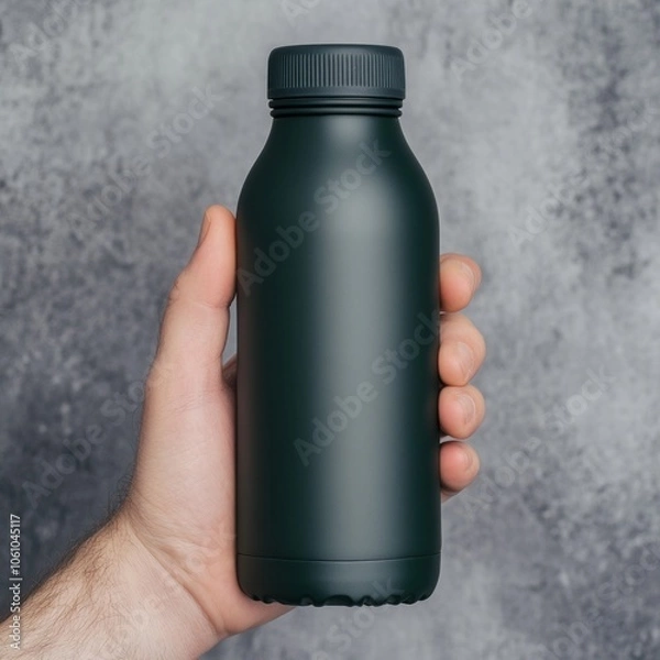 Obraz Hand holding a black reusable water bottle.