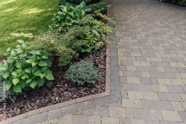 Fototapeta Beautiful summer garden with a walkway winding its way through