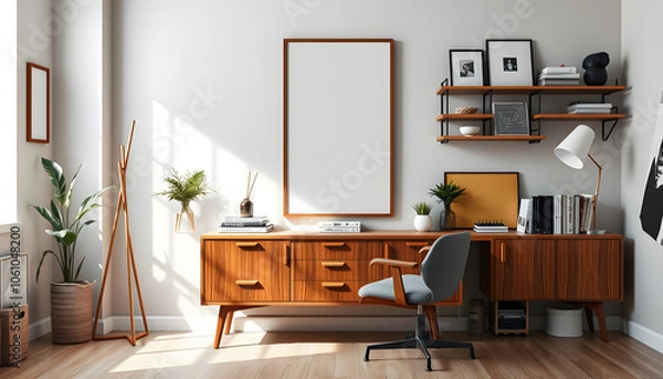 Fototapeta Stylish composition of artist workspace room with design retro teak commode, mock up poster frame, book, decoration and elegant accessories. Template isolated with white highlights, png