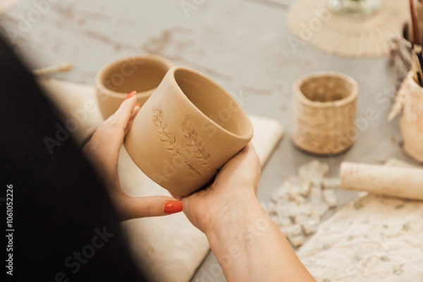 Fototapeta Cropped shot of unrecognizable child making ceramic mug at pottery class