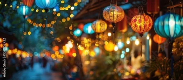 Fototapeta A blurred image of a street lit with colorful lanterns.