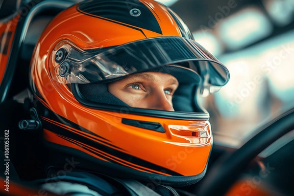 Fototapeta Focused Formula 4 Race Car Driver With Determined Eyes Behind A Sleek Helmet: Capturing The Intensity Of Speed And Precision On The Track