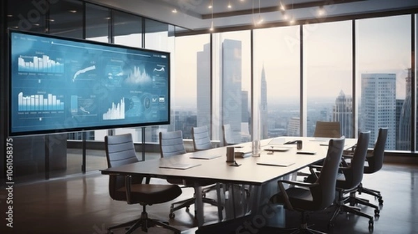 Obraz A modern conference room featuring a large digital display with graphs and charts, showcasing a panoramic city view. Ideal for business meetings and presentations.
