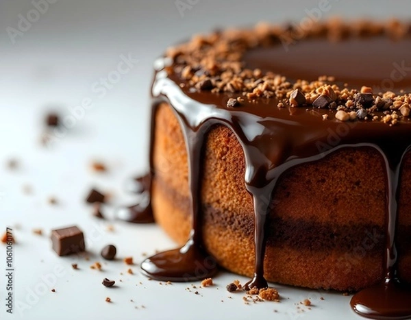 Fototapeta Close-Up of Decadent Dark Chocolate Drip Cake with Glossy Melted Chocolate Cascade on White Background – Perfect for Food and Dessert Photography