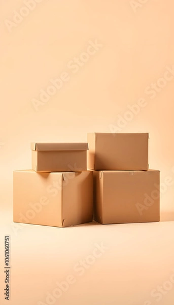Fototapeta Cardboard boxes placed on a beige background isolated with white highlights, png