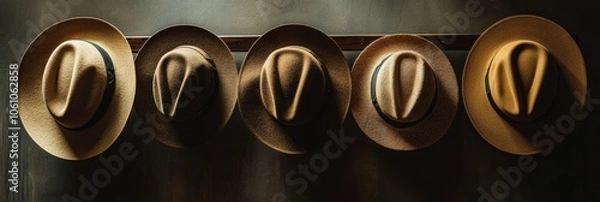 Fototapeta Five classic fedora hats are arranged neatly on a wooden rack, showcasing their unique styles and textures in a cozy environment. Generative AI