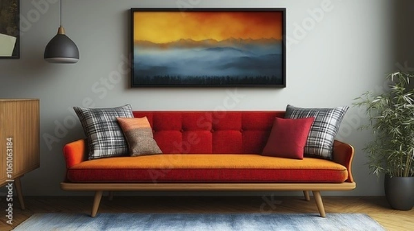 Fototapeta A cozy bench with plaid, pillow, and wall art brings a mid-century flair to this modern living room.