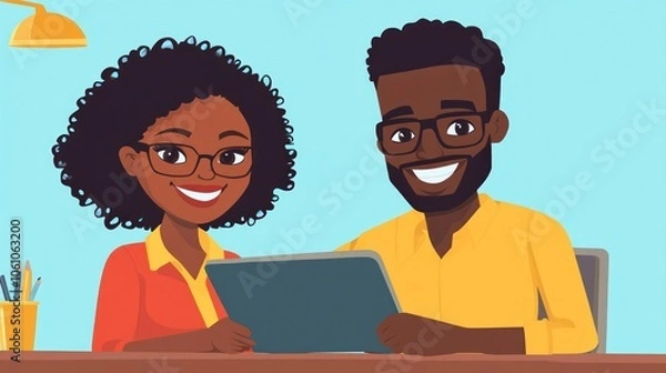 Fototapeta Smiling Couple Working On a Tablet