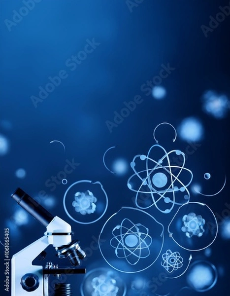 Fototapeta A microscope with atomic models floating around it, representing scientific discovery.