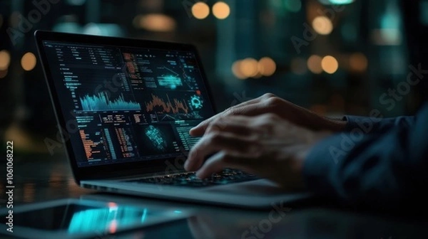 Obraz Analyzing Financial Data on a Laptop in a Dimly Lit Environment