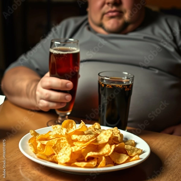 Obraz Gruby facet z napojami i chipsami