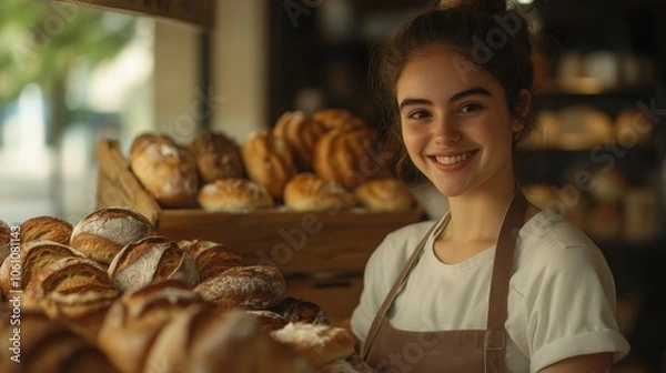 Fototapeta Young baker smiles while showcasing freshly baked goods in a cozy bakery