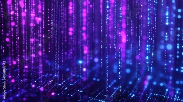 Obraz Dark background, vertical lines of blue and purple light with digital glitch effects, creating an abstract texture that resembles pixelated raindrops falling on the screen