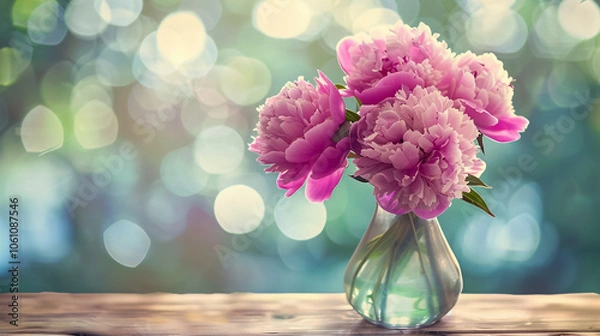 Fototapeta Pink Peonies in Vase: Pink peonies arranged in a vase with a bokeh background, creating a soft, retro-styled photo.