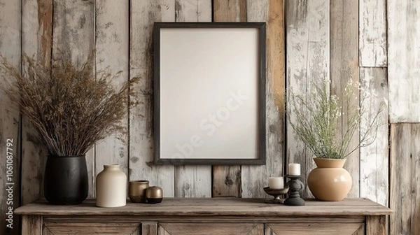 Fototapeta Rustic living room with mockup frame on white wall above wooden dresser and wood paneling.