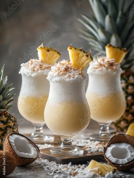Fototapeta Three glasses of coconut-pineapple beverages, served in a tropical setting with whole pineapples and coconuts on the table.