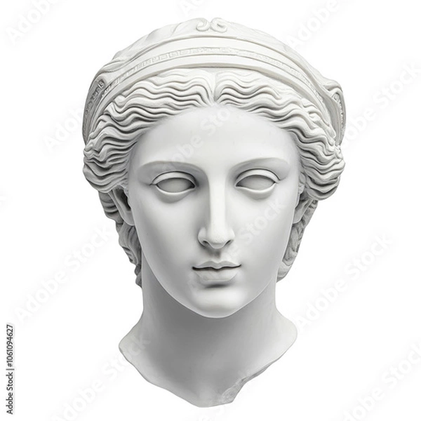 Fototapeta White Gypsum Head of Young Roman Woman Statue Isolated on Transparency Background Ancient Greek Sculpture Plaster Bust Art History Mythology Renaissance Concept Copy Space