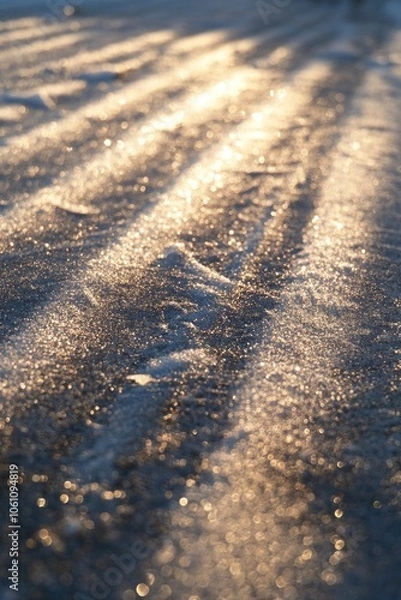 Obraz Icy road at sunrise with ice crystals on it and the sun glinting through.