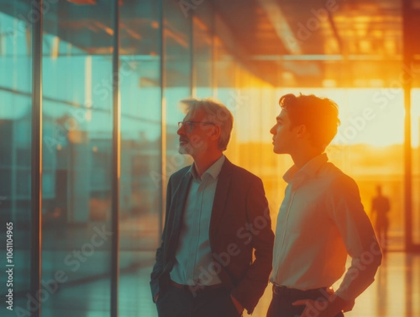 Fototapeta Un travailleur expérimenté forme un jeune employé en entreprise : politique diversité RSE, junior et senior, relation intergénérationnelle, mentorat au travail, alternance, apprentissage ou stage