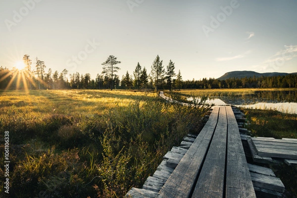 Fototapeta The golden hour bathes the grass and the tranquil lake, along a wooden walkway in Idre in Dalarna, Sweden, with vibrant sun rays of the sunstar shining through the trees