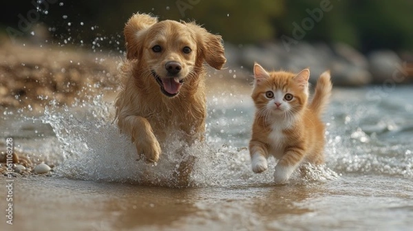 Fototapeta High-Definition Photo of a Dog and Cat Running on the Beach with an American Shorthair Kitten Chasing, Splashing Through the Waves
