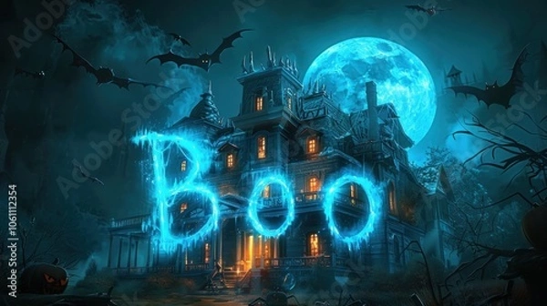 Fototapeta Glowing Haunted House with Bats Under Full Moon on Spooky Night  Eerie creepy and mysterious haunted mansion with mystical glow surrounded by bats flying in the dark moody night sky with a large