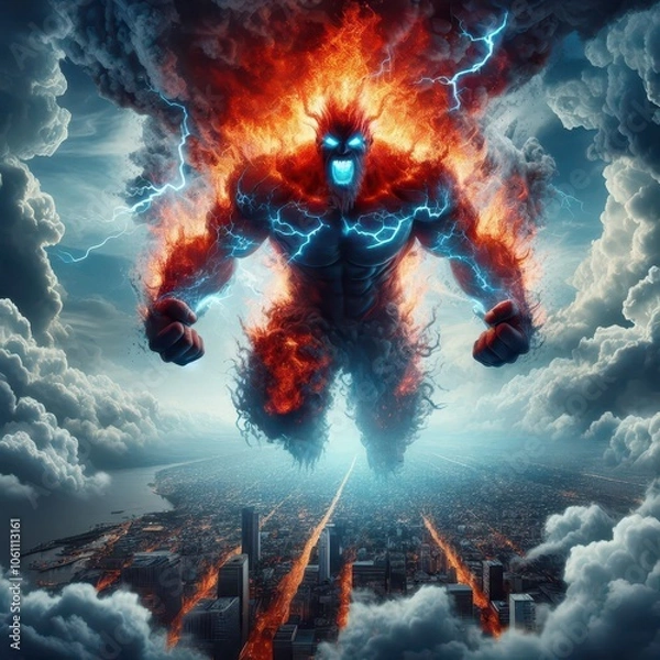 Fototapeta Ai generated illustration of a human flying monster giant fire smoke in the form of a a storm flying in the cloud sky of smoke and streaks of lightning on its body with city destroyed by fire