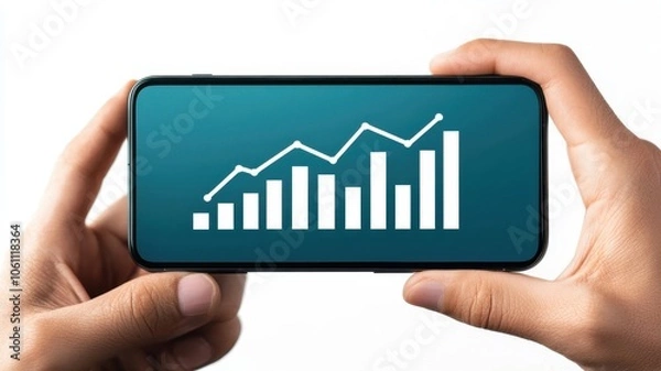 Fototapeta A person holds a smartphone displaying a chart with upward trends, symbolizing growth and analysis in finance or data.