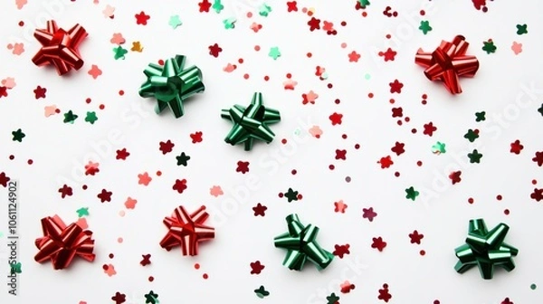 Fototapeta Green and Red Shiny Bows with Confetti Stars and Dots on White Background