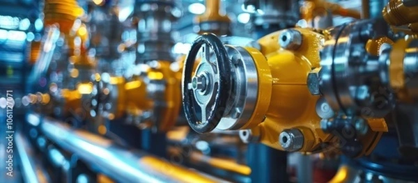 Obraz Close up view of complex yellow industrial machinery equipment and automation technology in a high tech modern factory or manufacturing facility setting  Depicting the advanced mechanical engineering