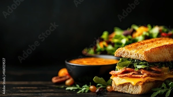 Fototapeta Delicious sandwich with cheese and greens, accompanied by a bowl of soup and salad.
