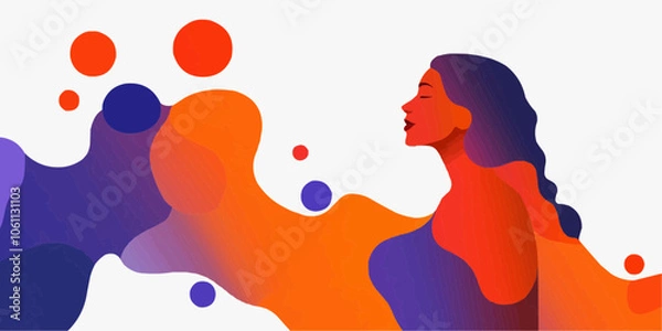 Fototapeta Woman Flowing with Color: A vibrant illustration of a woman in profile, her hair flowing into a stream of abstract shapes. The colors create a sense of movement and energy.
