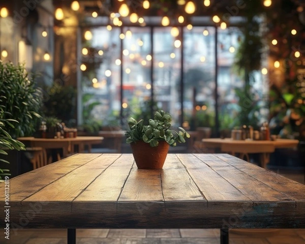 Fototapeta Rustic Wooden Table with Bokeh Lights and Soft Focus, Warm Ambiance, Cozy Cafe, Dinner Table, Restaurant Interior, Woodgrain Texture, Warm Lighting, Relaxing Atmosphere, Industrial Chic, Modern