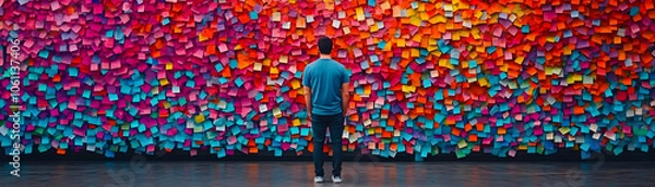 Fototapeta Man Standing Before Wall of Colorful Sticky Notes, post it notes, bright, vibrant, person, looking