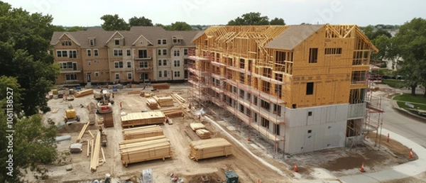 Fototapeta Overhead view of multifamily housing construction site with wooden frames, scaffolding, and construction equipment. site is bustling with activity and materials