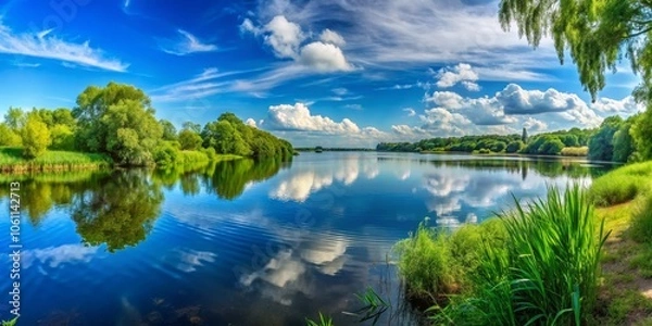 Fototapeta Serene Landscape View of Calm Lake and Blue Sky
