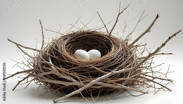 Fototapeta an abandoned nest featuring a circular shape, constructed from dry branches and grass, resting on a white background, highlighted by gentle lighting create with ai