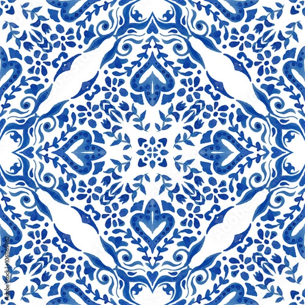 Obraz Seamless pattern, tiling ornament. Abstract seamless ornamental watercolor damask arabesque paint pattern. Portuguese ceramic tile design