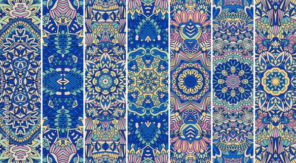 Obraz Festival Mandala pattern set with bright color psychedelic print design. Festival Abstract Mandala bookmark, cards, banner set with intricate psychedelic print design.