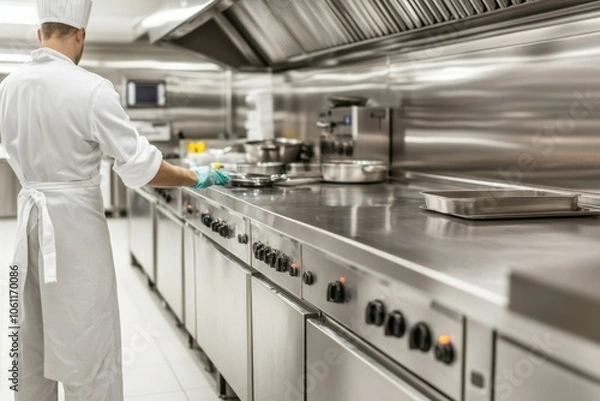 Fototapeta A chef in a white uniform prepares food in a professional kitchen.