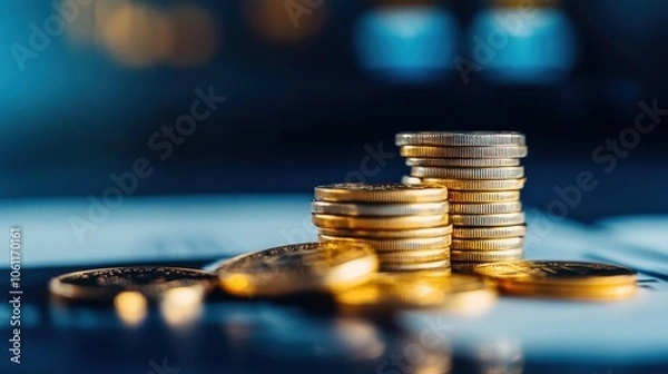 Fototapeta Stacked gold coins on a blurred financial background