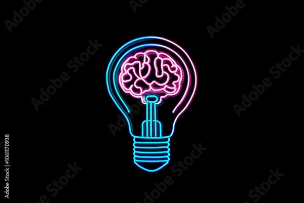 Fototapeta A neon wireframe lightbulb containing a brain, embodying creativity and visionary leadership qualities, standing out against a black background.
