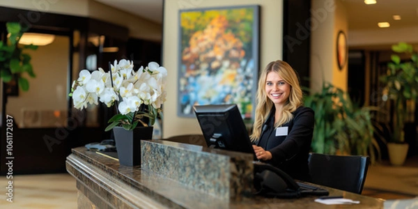 Fototapeta Smiling hotel receptionist at front desk, showcasing hospitality and professionalism in a welcoming environment