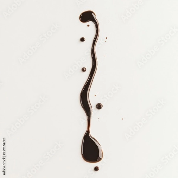 Fototapeta A single stream of dark liquid, resembling chocolate, runs down a white surface, forming a series of droplets.