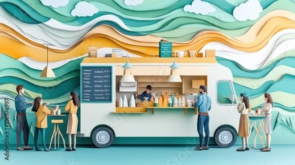 Fototapeta A vibrant food truck scene with people enjoying drinks and snacks in a colorful setting.