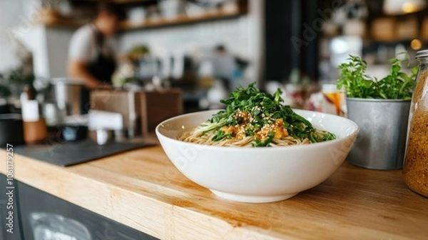 Fototapeta 居心地の良いレストランの雰囲気の中で、新鮮な野菜とゴマを添えたグルメなアジアンヌードルボウルをお楽しみいただけます。