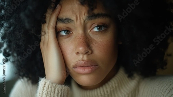 Obraz 心地よいセーターを着て物思いにふける巻き毛の若い女性