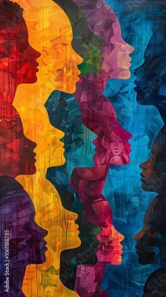 Fototapeta A vibrant and colorful abstract painting depicting diverse silhouettes of people, symbolizing the rich tapestry that is human diversity