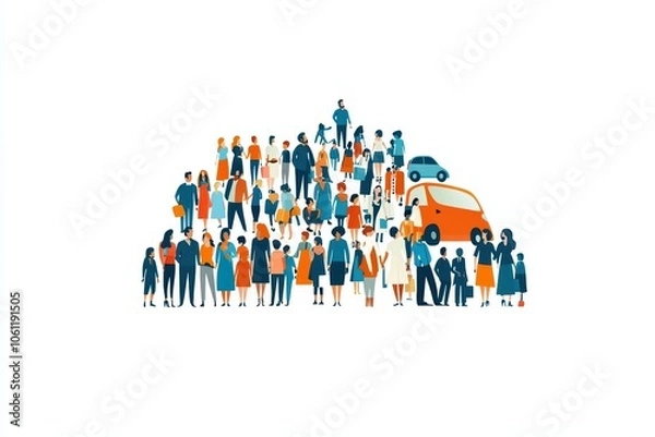 Obraz Diverse crowd with people and vehicles on a white background, representing community and urban life.