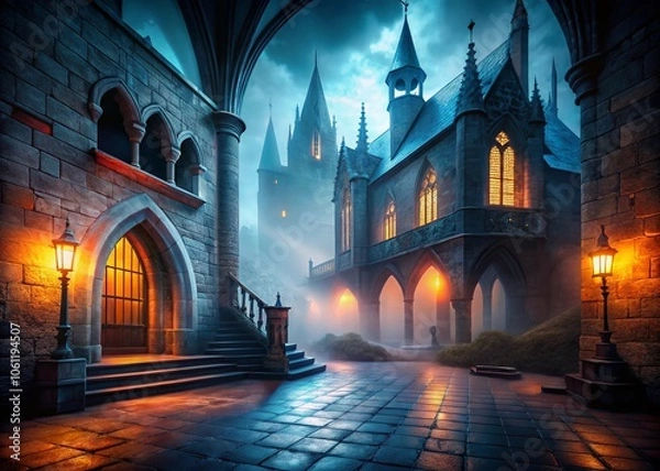 Obraz Foggy Gothic Castle Interior with Spooky Atmosphere, Perfect for Halloween and Vampire Themes, Dark Shadows, Eerie Lighting, Haunted Ambiance, and Mysterious Vistas